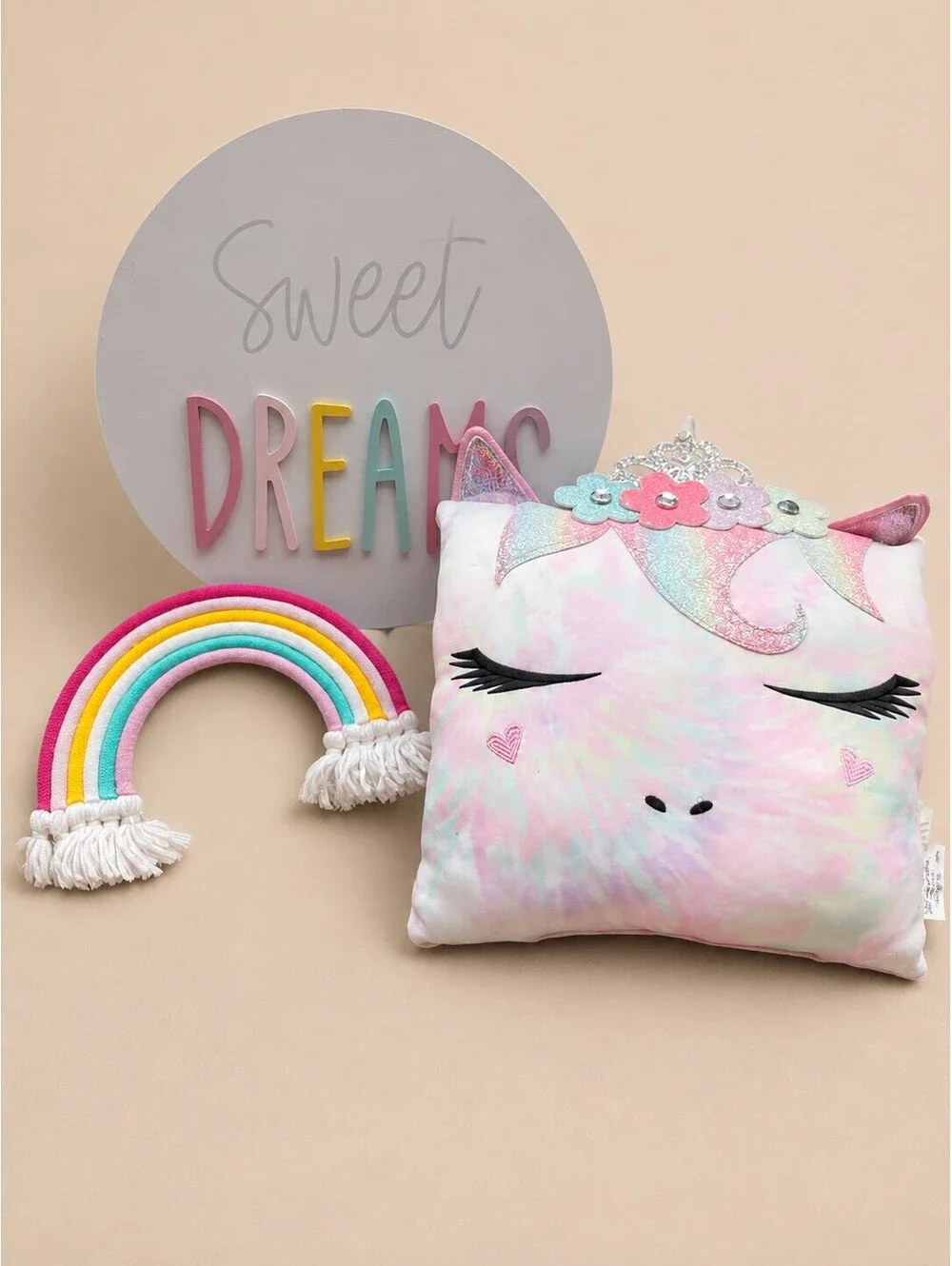 Girls’ Unicorn Bedroom Décor Bundle Pillow, Macramé Rainbow & Sweet Dreams Sign